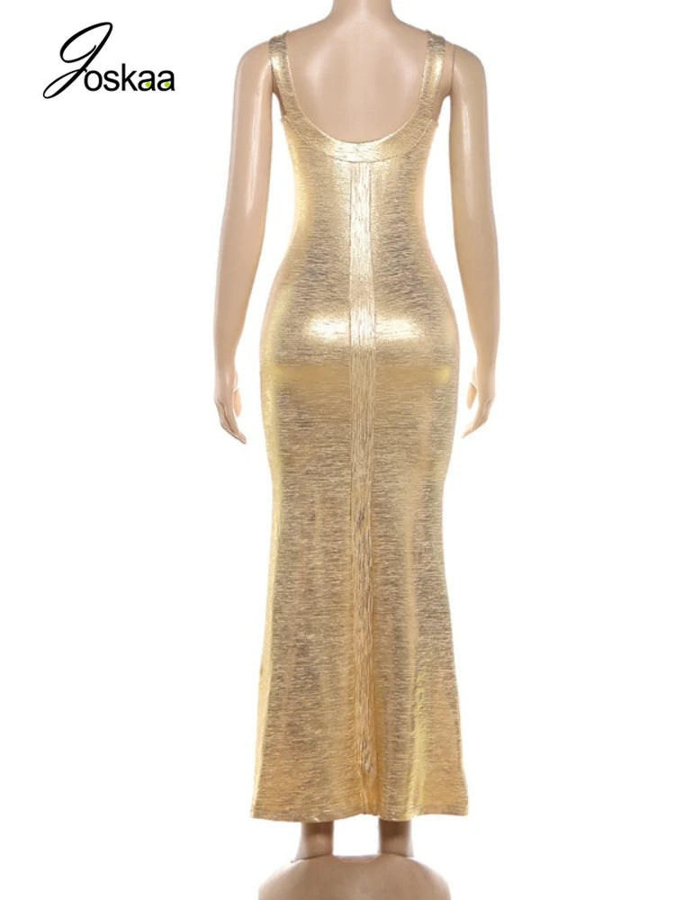 Women's Sleeveless Glossy Texture Spaghetti Bodycon Dress Gold – Detail View