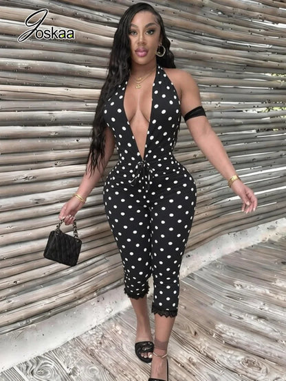 Women's Polka Dot Lace Backless V-neck Romper - Side View