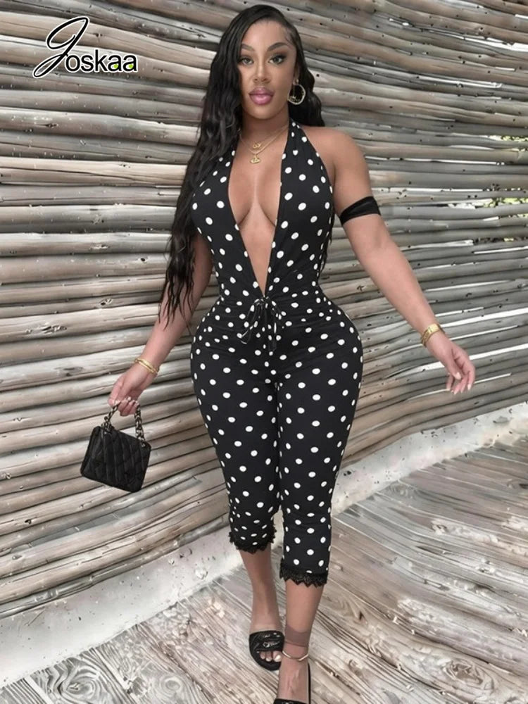 Women's Polka Dot Lace Backless V-neck Romper - Side View