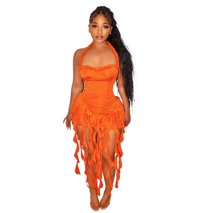 Women's Ruched Halter Solid Irregular Tassels Dress