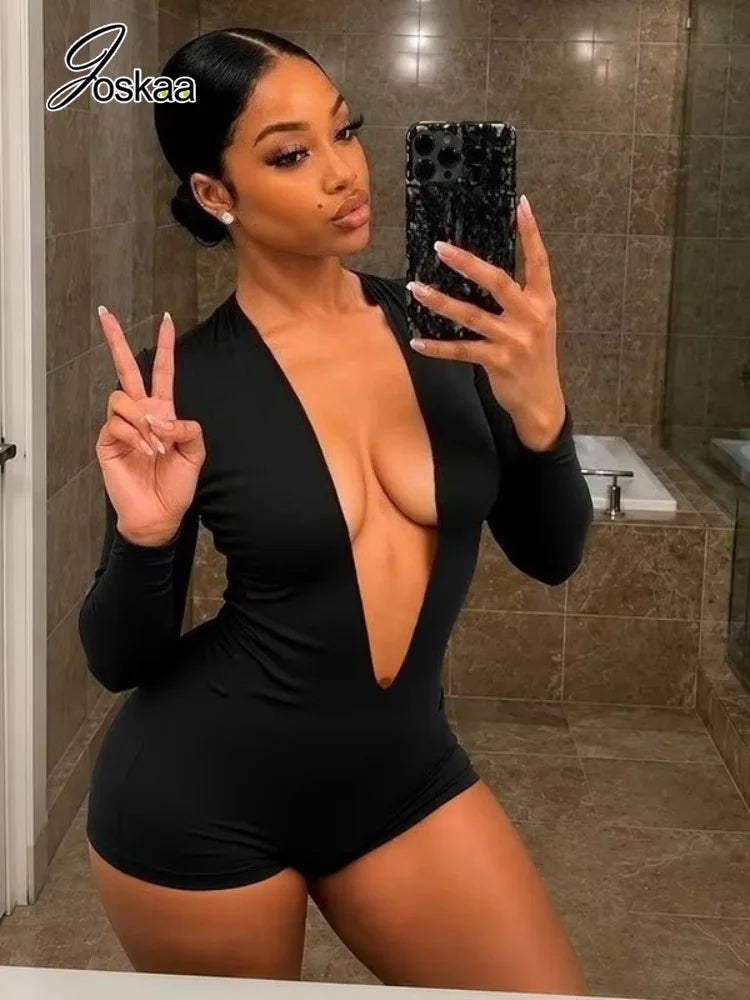 Women's V-neck Long Sleeve Bodycon Romper - Side View