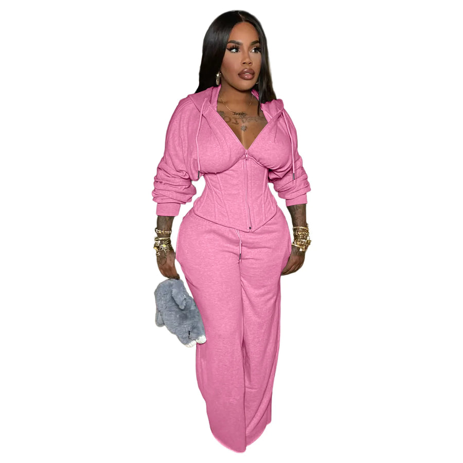 Women's Long Sleeve Zip Hooded Wide Two Piece Set