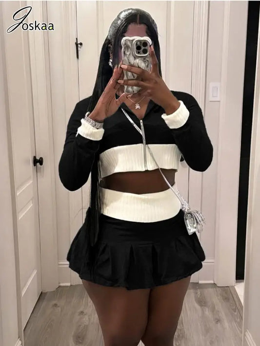 Women's Long Sleeve Zip Hooded Pleated Two Piece Set – Women's Fashion Wholesale – Front View