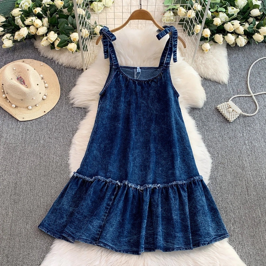 Women's Denim Print Sleeveless Mini Dress - Additional View 9