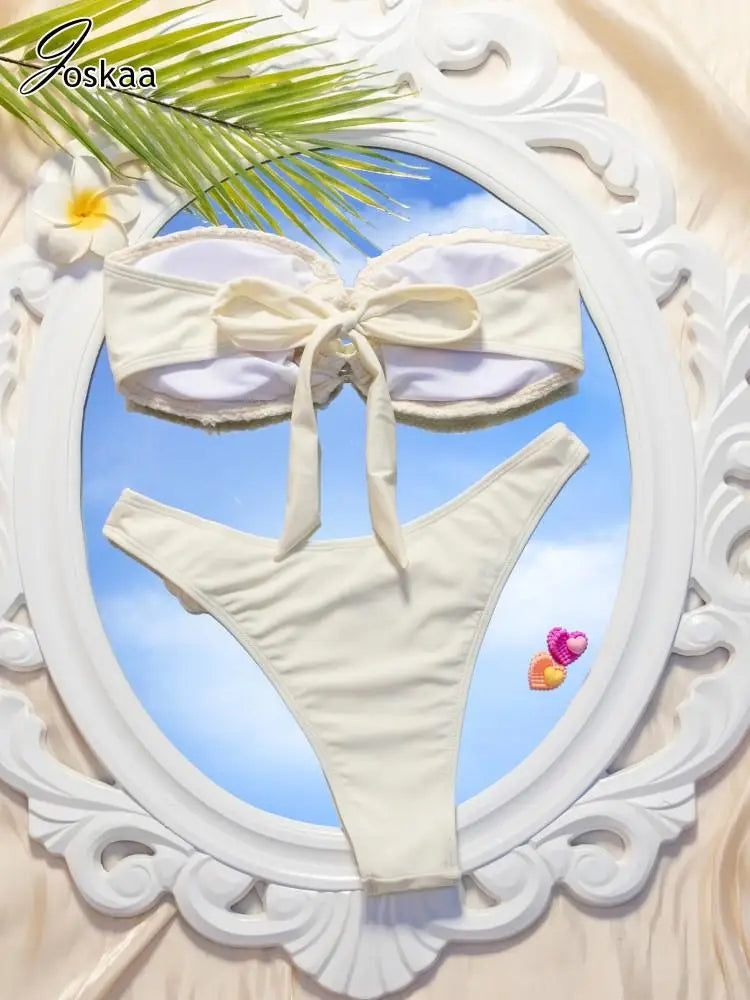 Women's Floral Print Swimwear Flower Decorate Bikini Set White – Detail View