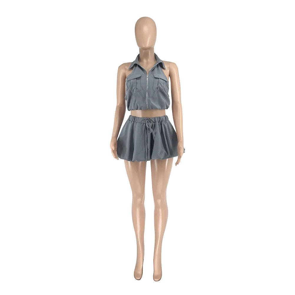 Joskaa Backless Halter Zip Up Crop Two Piece Set - two piece set image 5