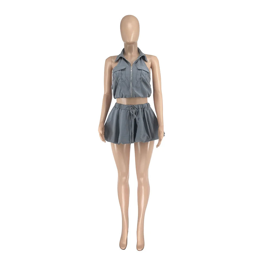 Joskaa Backless Halter Zip Up Crop Two Piece Set - two piece set image 5