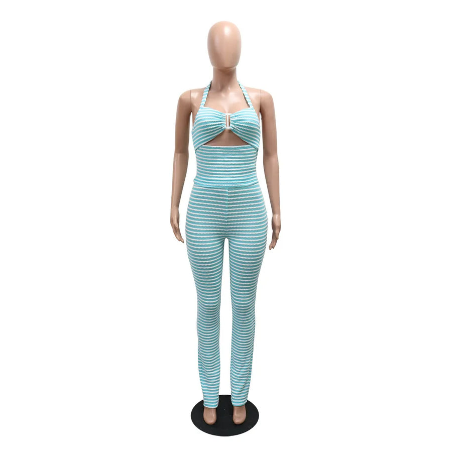 Women's Stripe Cutout Halter Two Piece Set