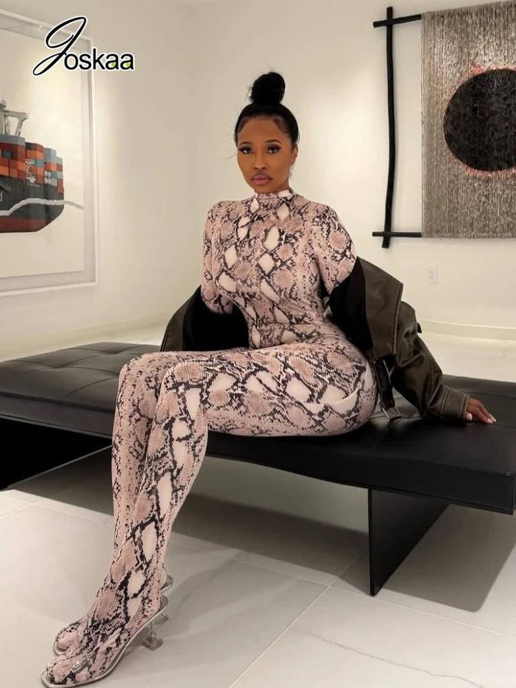Women's Snake Print Long Sleeve Bodycon Romper Serpentine – Detail View