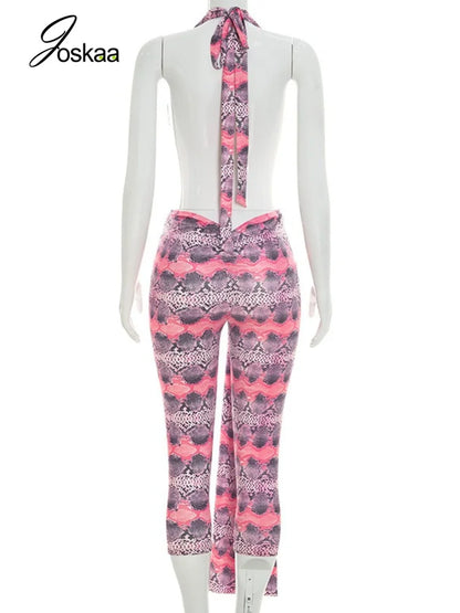 Women's Backless Cutout Halter Sleeveless Romper Leopard Print – Detail View