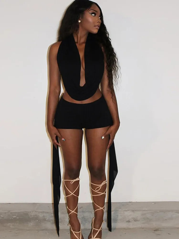 Wholesale Women's Backless Halter Two Piece Set Black – Front View