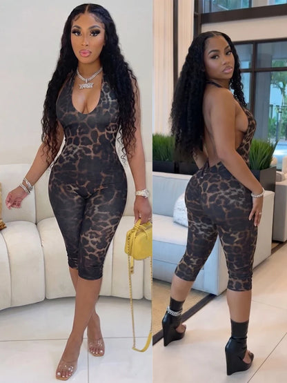 Women's Leopard Print Ruched Halter Sleeveless Romper - Additional View 8