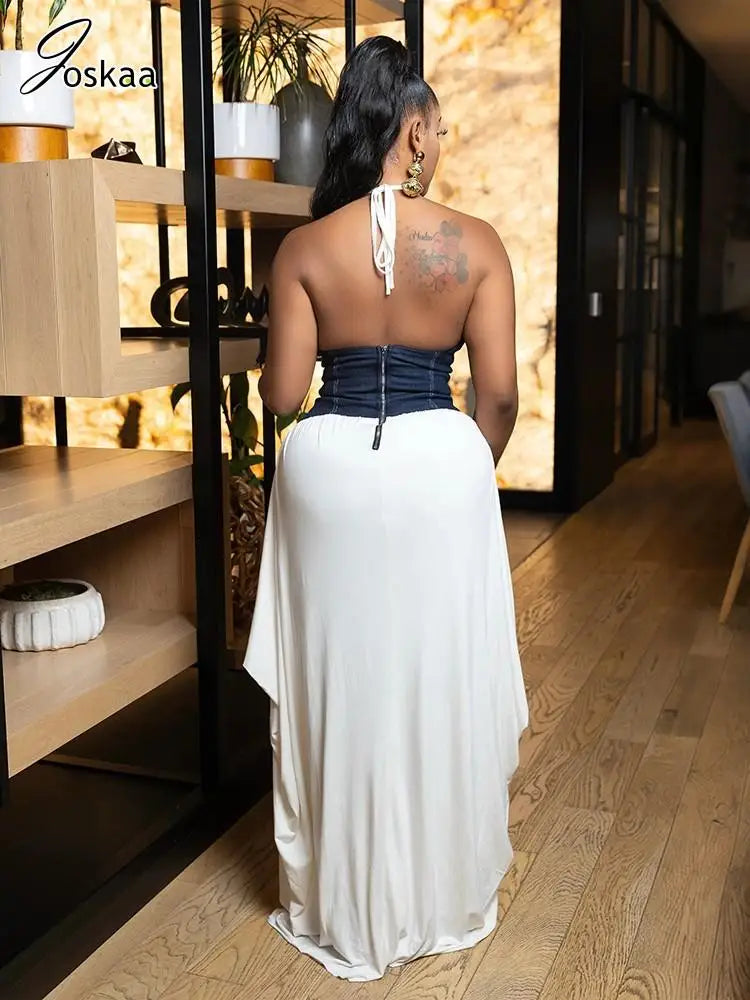 Women's Backless Halter Bodycon Maxi Dress Coffee – Front View