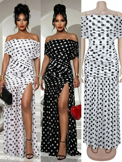 Women's Polka Dot Mesh Ruched Strapless Maxi Dress - Additional View 8
