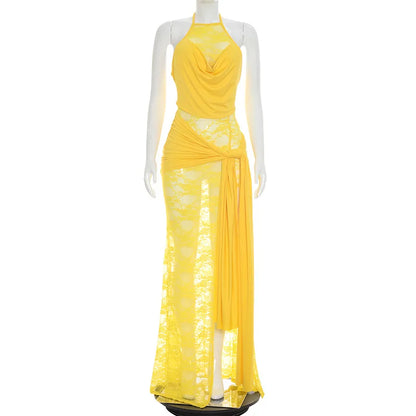 Women's Mesh Lace Ruched Backless Maxi Dress - Detail View 9