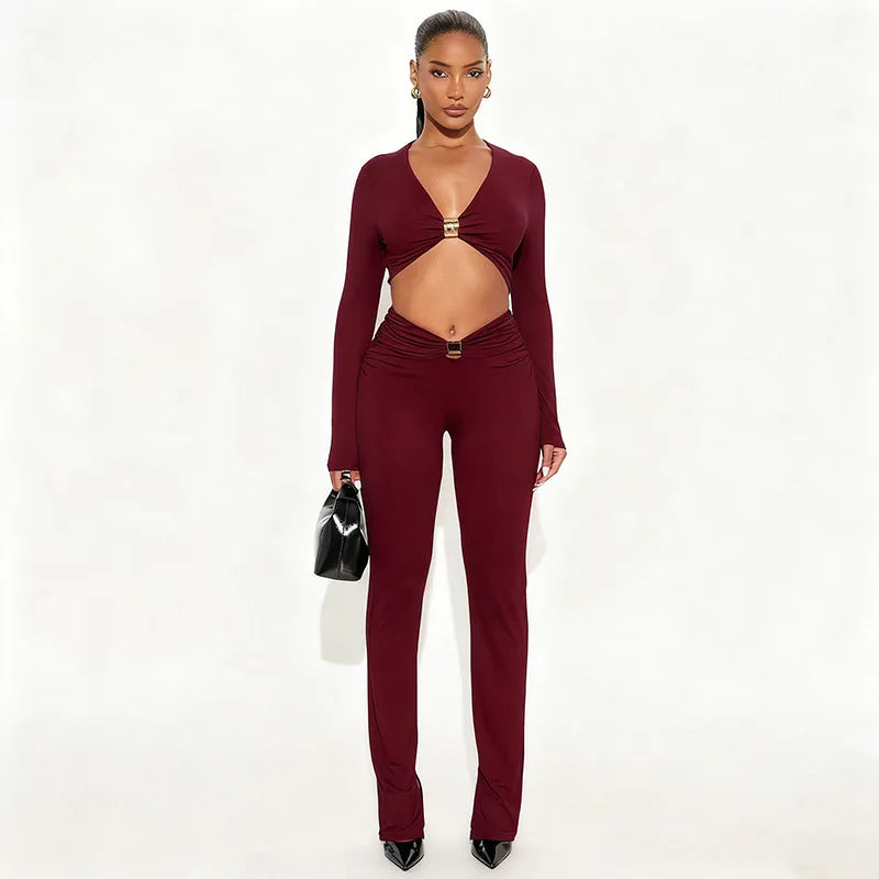 Joskaa Ruched Long Sleeve Crop High Waist Two Piece Set - two piece set image 6