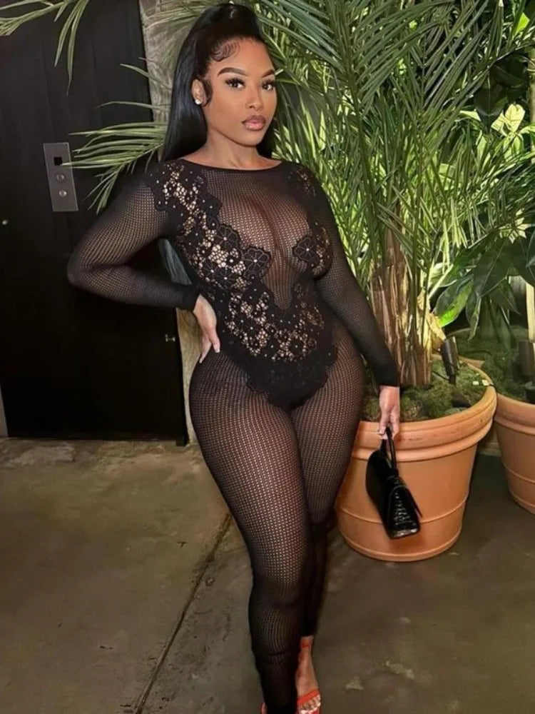 Women's Lace Backless Long Sleeve Romper