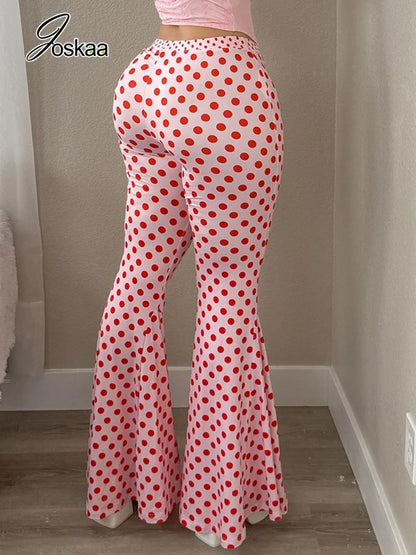 Women's Polka Dot Bodycon Flare Wide Leg Pants Pink – Side View