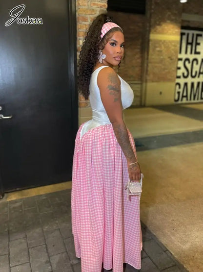 Women's Sleeveless Bodycon Plaid Maxi Dress Pink – Side View