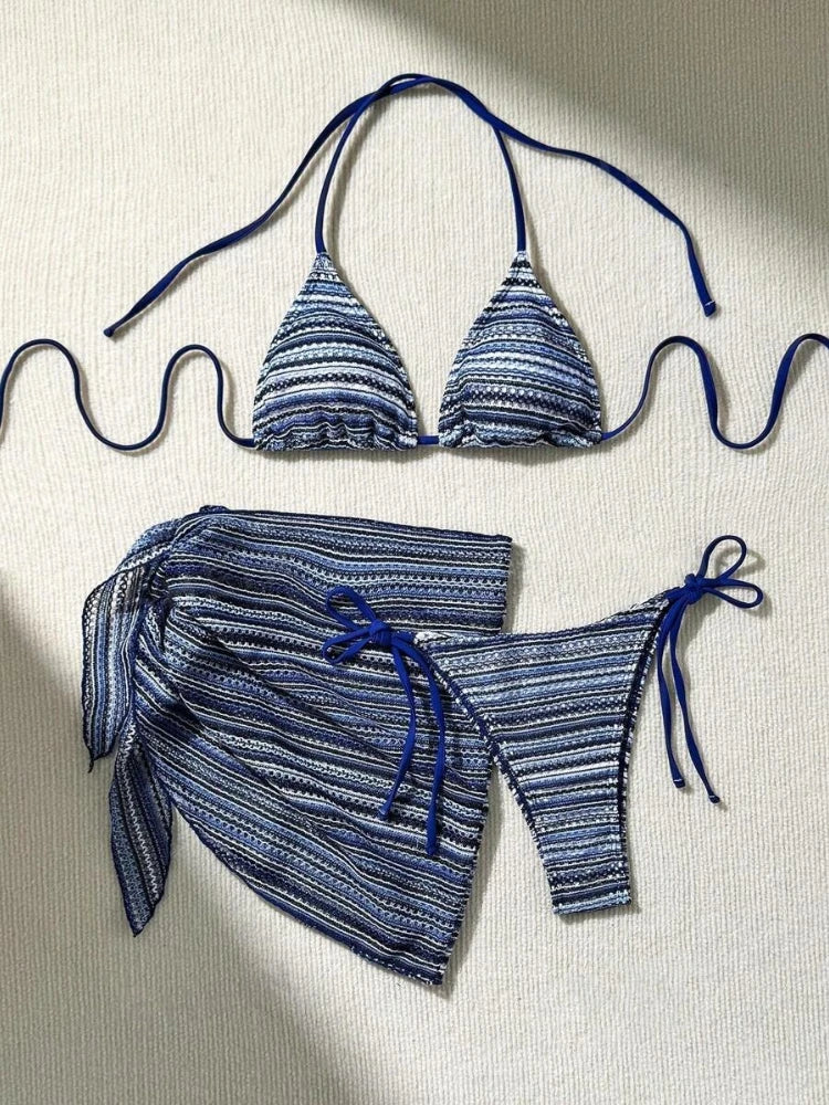 Women's Stripe Lace Halter Swimwear Striped Bikini Set