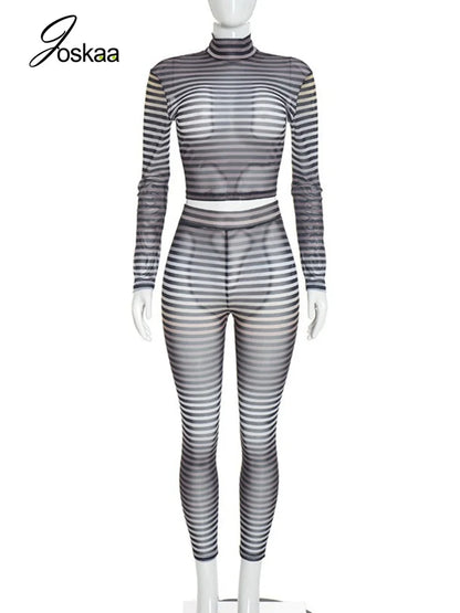 Women's Striped Mesh Long Sleeve High Waist Two Piece Set - Back View