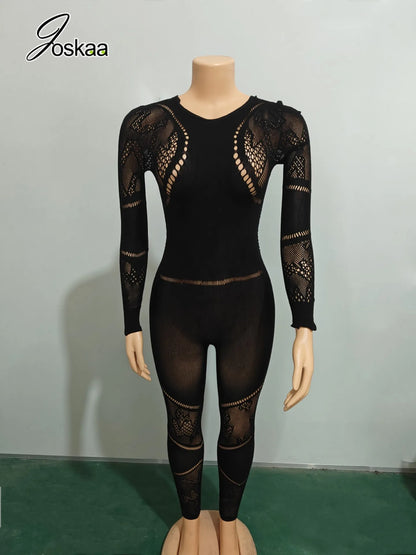 Women's Cutout Long Sleeve Bodycon Romper Black – Detail View