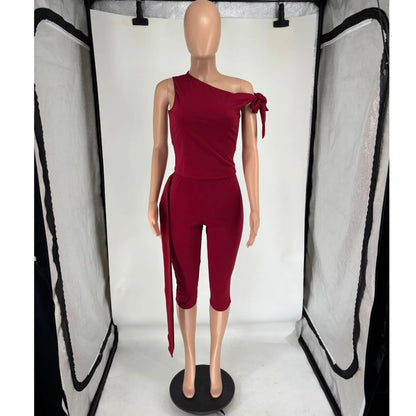 Women's One Shoulder Crop Sporty Oblique Two Piece Set
