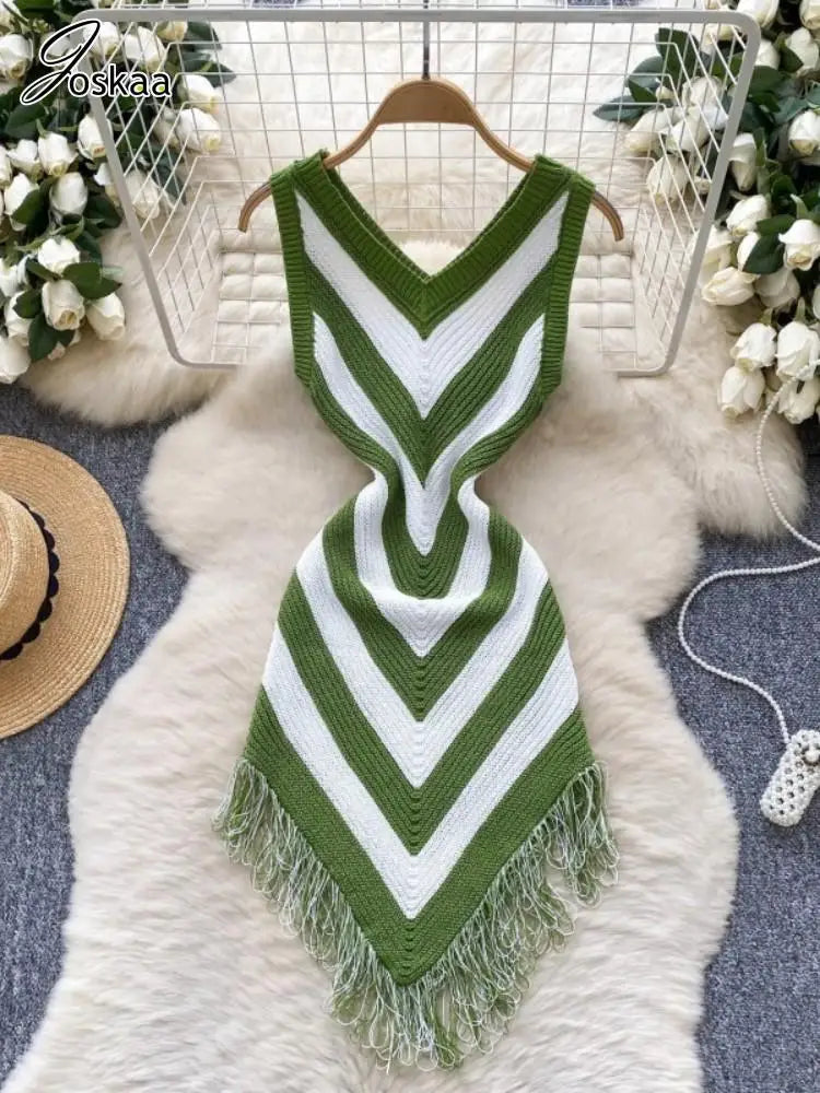 Women's Stripe Knit Sleeveless Bodycon Dress Green – Back View