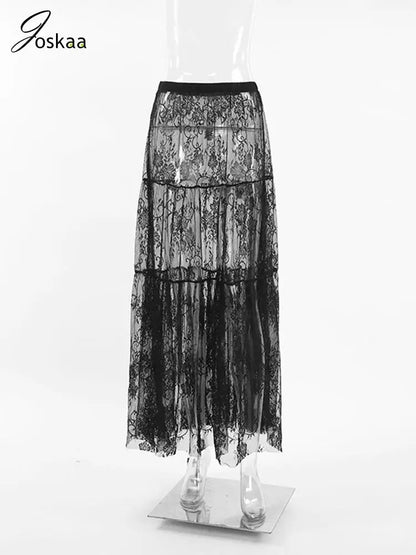 Women's Lace Mesh High Waist Black Long Jacquard Skirt Black – Back View