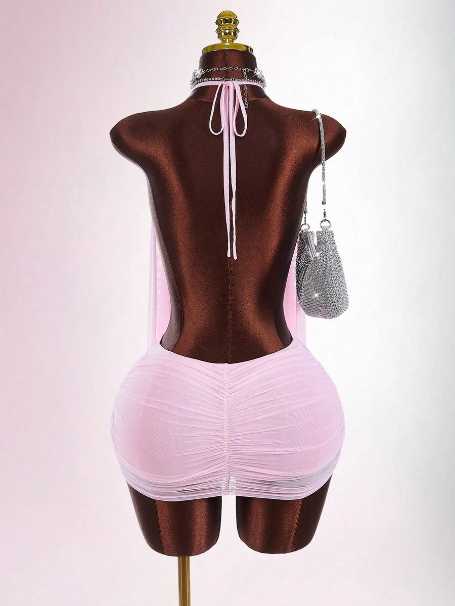 Joskaa Mesh Ruched Backless Halter Mini Dress - mini dress image 4