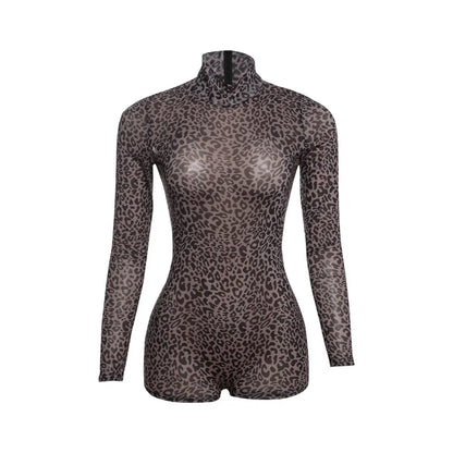 Women's Leopard Print Mesh Long Sleeve Romper Black – Detail View