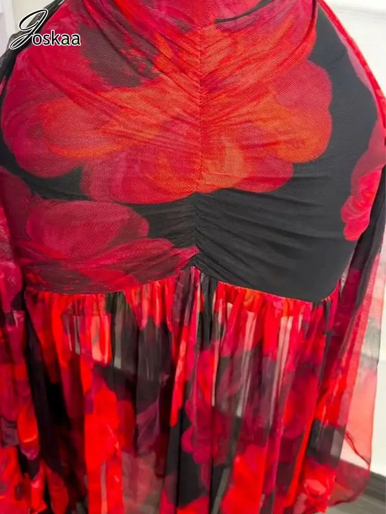Women's Mesh Ruched Backless Halter Maxi Dress Red – Detail View