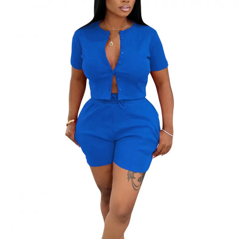 Women's Knit Short Sleeve Ribbed Two Piece Set
