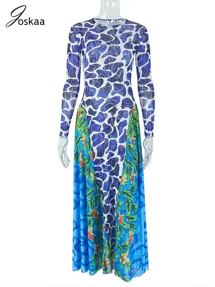 Women's Floral Print Mesh Long Sleeve Maxi Dress Blue Green – Back View