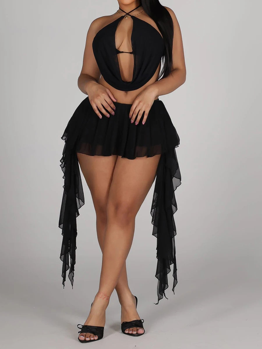 Joskaa Mesh Backless Halter Two Piece Set - two piece set image 1