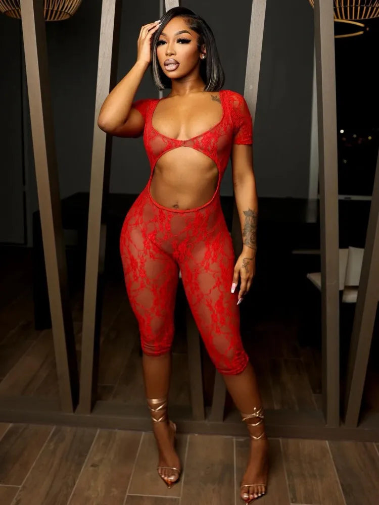 Women's Lace Backless Cutout Short Sleeve Romper