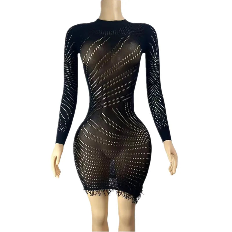 Women's Mesh Cutout Long Sleeve Bodycon Mini Dress - Additional View 7