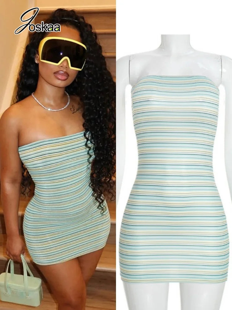 Women's Striped Backless Strapless Sleeveless Mini Dress - Women's Fashion Wholesale - Front View