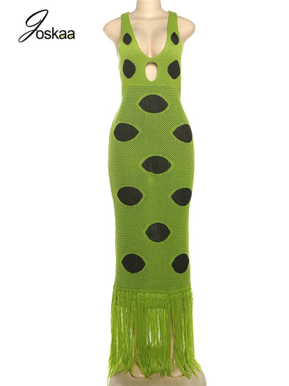 Women's Polka Dot Knit Cutout Maxi Dress Green – Back View