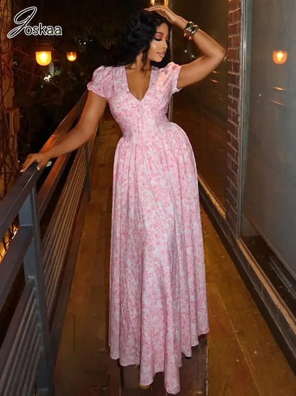 Women's Floral Print Ruched Maxi Bikini Set Pink – Front View