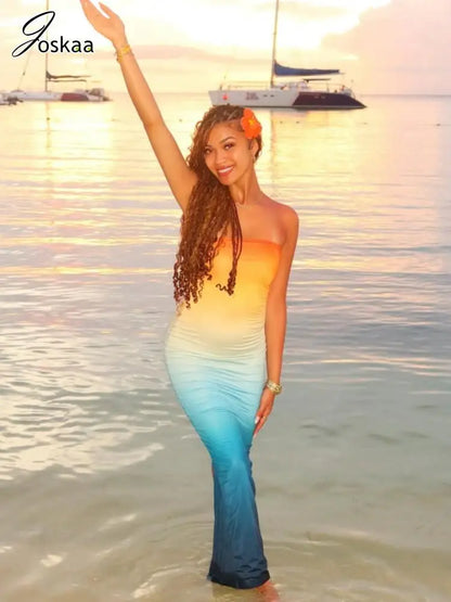 Women's Backless Bodycon Gradient Wrap Maxi Dress Orange – Back View