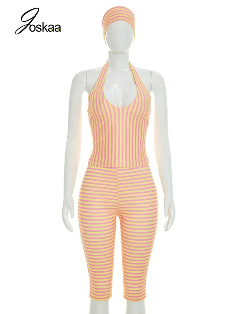 Women's Striped Backless Halter High Waist Two Piece Set - Back View