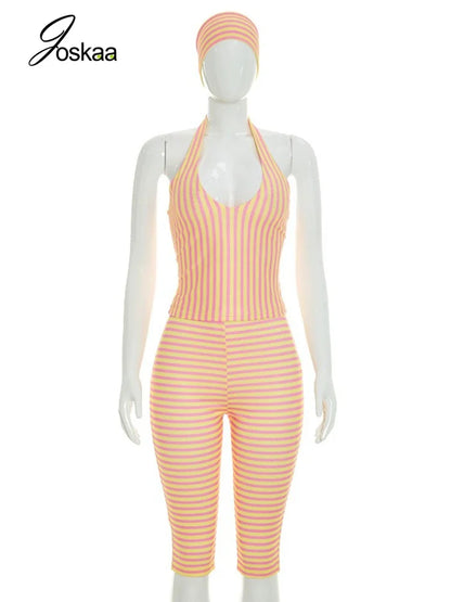 Women's Striped Backless Halter High Waist Two Piece Set - Back View