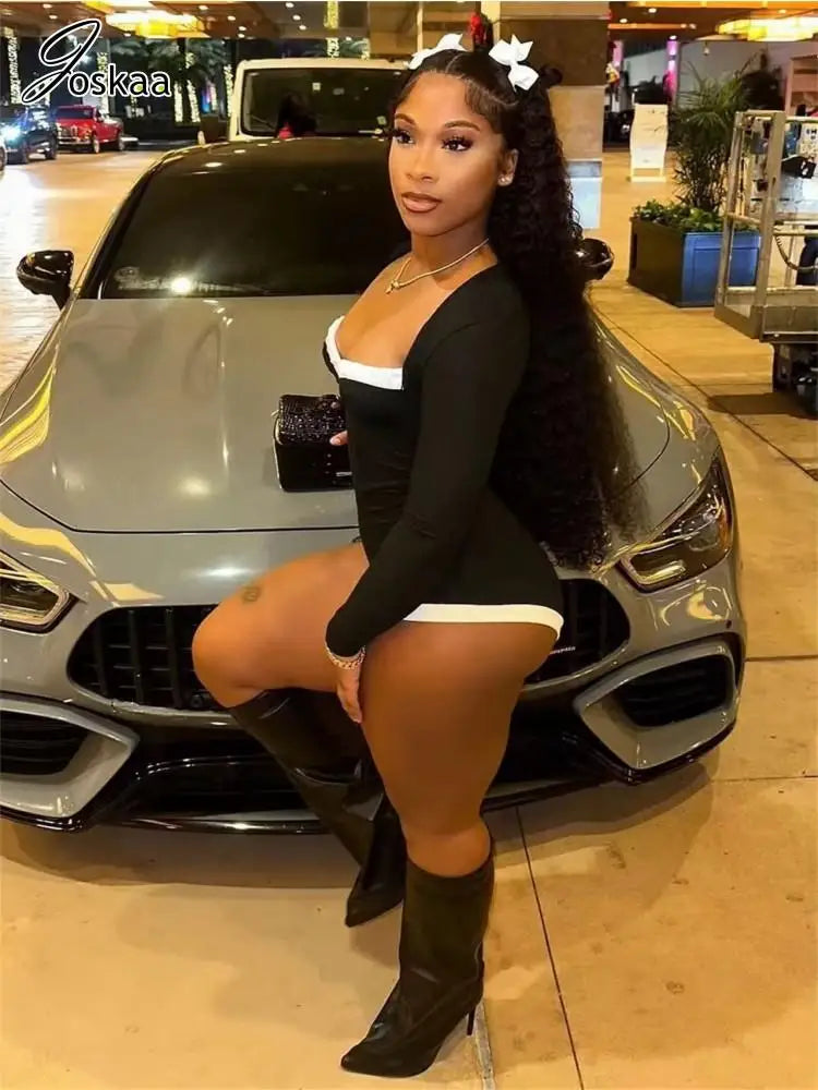 Women's Long Sleeve Bodycon Black and White Romper Black – Front View
