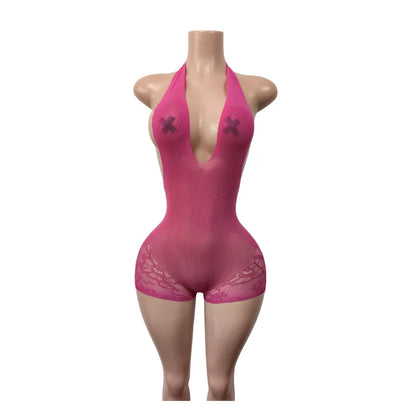 Women's Lace Backless V-neck Halter Romper - Detail View 9