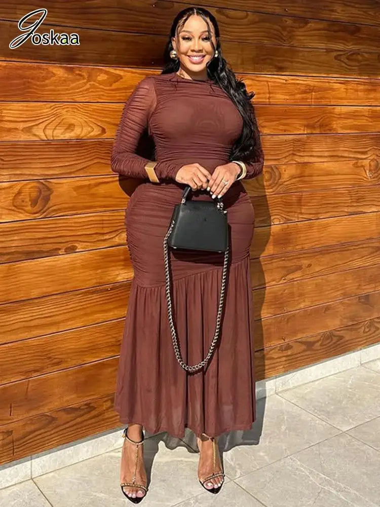 Women's Mesh Long Sleeve Bodycon Maxi Dress – Women's Fashion Wholesale – Front View