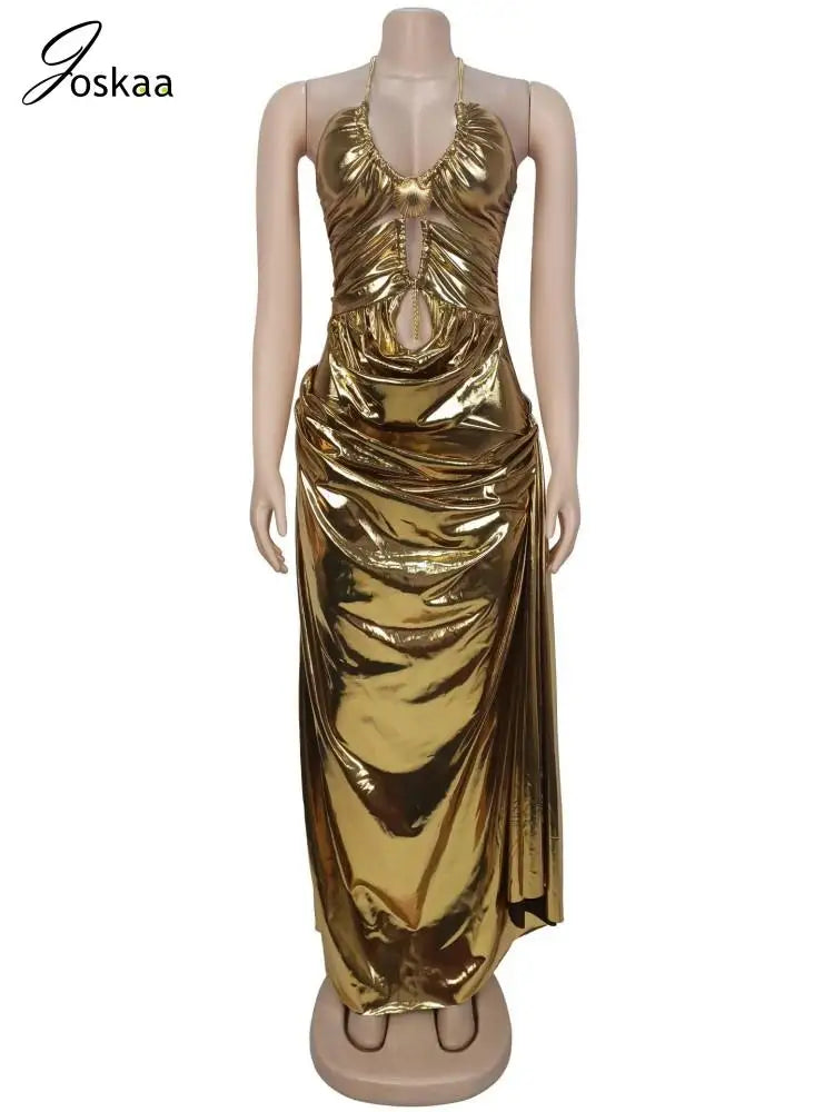 Women's Ruched Cutout Halter Sleeveless Maxi Dress Golden – Side View