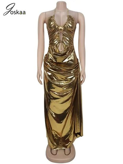 Women's Ruched Cutout Halter Sleeveless Maxi Dress Golden – Side View