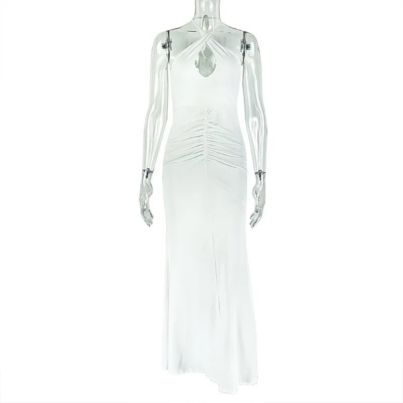 Women's Ruched Backless Halter Maxi Dress