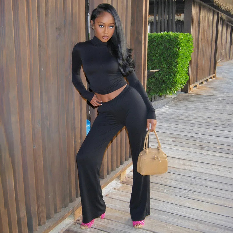 Women's Long Sleeve Fall Sporty Turtleneck Two Piece Set
